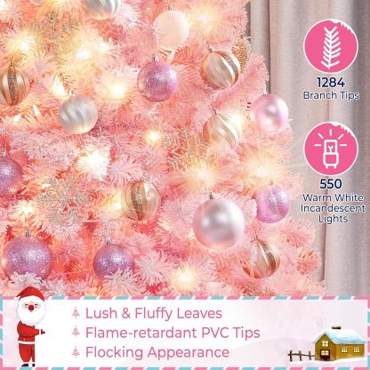 Yaheetech 7.5ft Pre-lit Artificial Christmas Tree W/Incandescent Warm White Lights, Snow Flocked Full Prelighted Xmas Tree W/1284 Branch Tips, 550 Incandescent Lights & Foldable Stand, Green & White