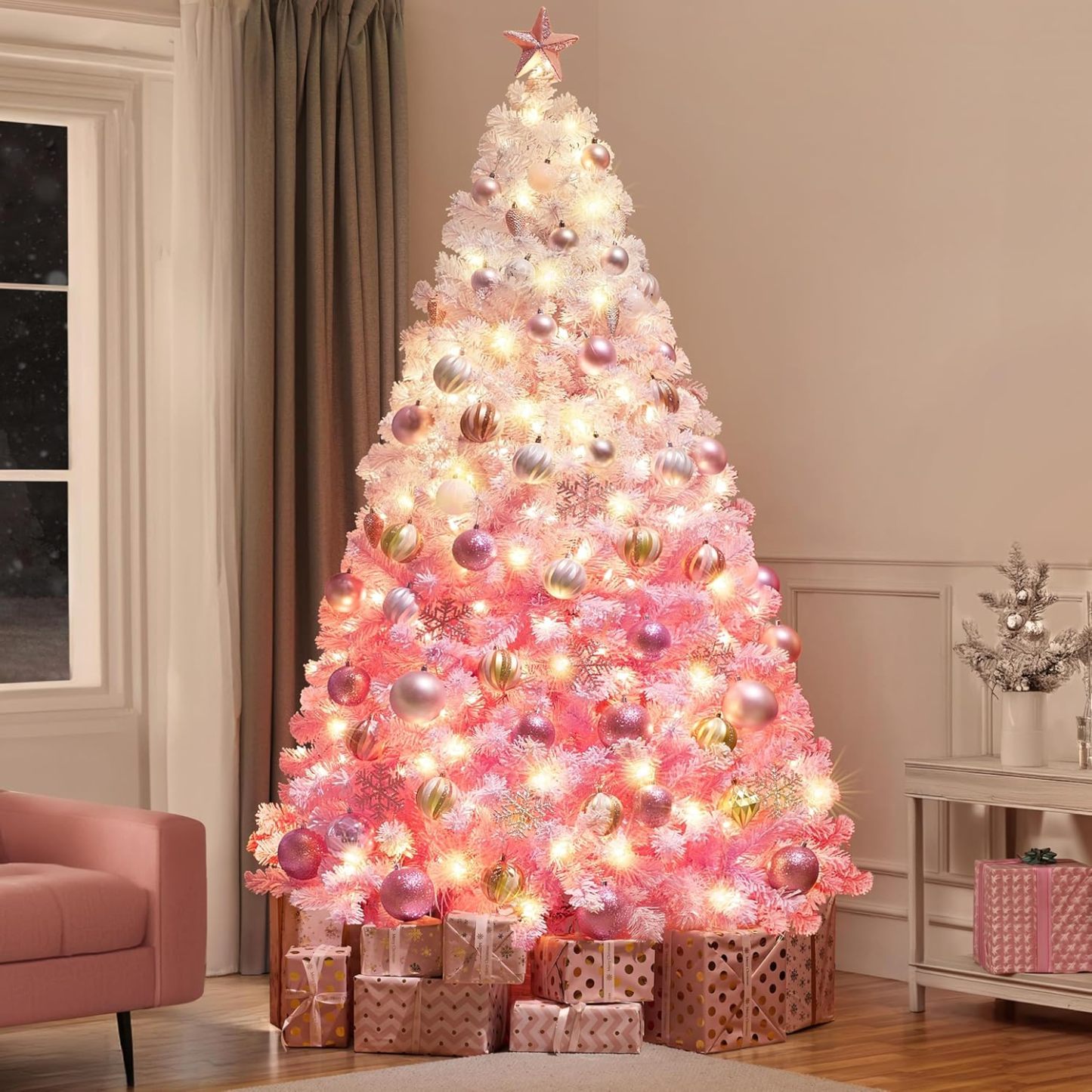 Yaheetech 7.5ft Pre-lit Artificial Christmas Tree W/Incandescent Warm White Lights, Snow Flocked Full Prelighted Xmas Tree W/1284 Branch Tips, 550 Incandescent Lights & Foldable Stand, Green & White