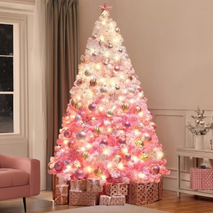 Yaheetech 7.5ft Pre-lit Artificial Christmas Tree W/Incandescent Warm White Lights, Snow Flocked Full Prelighted Xmas Tree W/1284 Branch Tips, 550 Incandescent Lights & Foldable Stand, Green & White