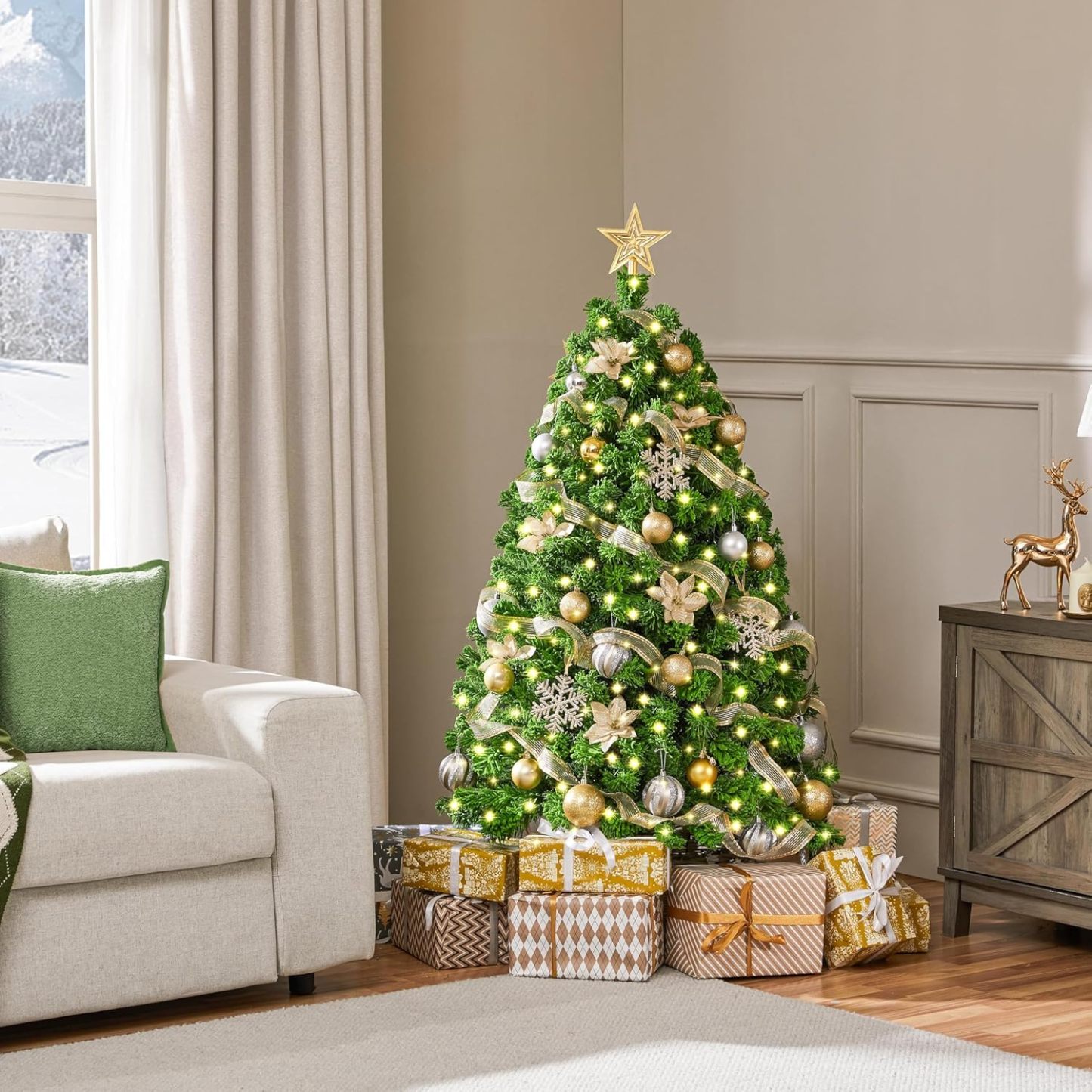 Yaheetech 7.5ft Pre-lit Artificial Christmas Tree W/Incandescent Warm White Lights, Snow Flocked Full Prelighted Xmas Tree W/1284 Branch Tips, 550 Incandescent Lights & Foldable Stand, Green & White