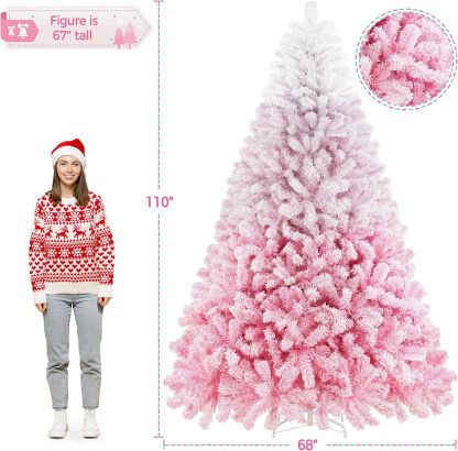Yaheetech 7.5ft Pre-lit Artificial Christmas Tree W/Incandescent Warm White Lights, Snow Flocked Full Prelighted Xmas Tree W/1284 Branch Tips, 550 Incandescent Lights & Foldable Stand, Green & White