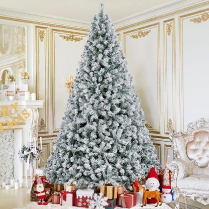 Yaheetech 7.5ft Pre-lit Artificial Christmas Tree W/Incandescent Warm White Lights, Snow Flocked Full Prelighted Xmas Tree W/1284 Branch Tips, 550 Incandescent Lights & Foldable Stand, Green & White