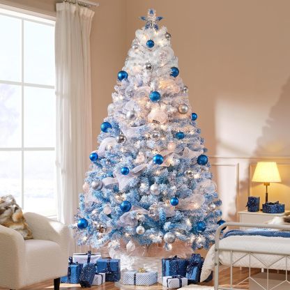 Yaheetech 7.5ft Pre-lit Artificial Christmas Tree W/Incandescent Warm White Lights, Snow Flocked Full Prelighted Xmas Tree W/1284 Branch Tips, 550 Incandescent Lights & Foldable Stand, Green & White