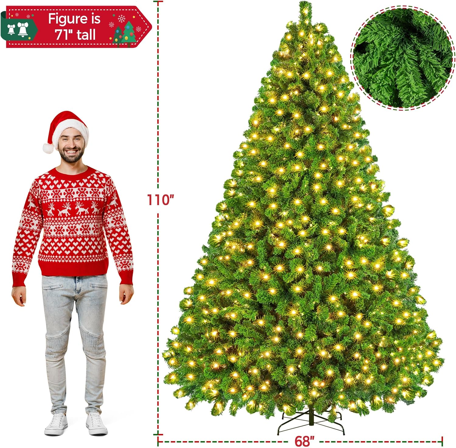 Yaheetech 7.5ft Pre-lit Artificial Christmas Tree W/Incandescent Warm White Lights, Snow Flocked Full Prelighted Xmas Tree W/1284 Branch Tips, 550 Incandescent Lights & Foldable Stand, Green & White