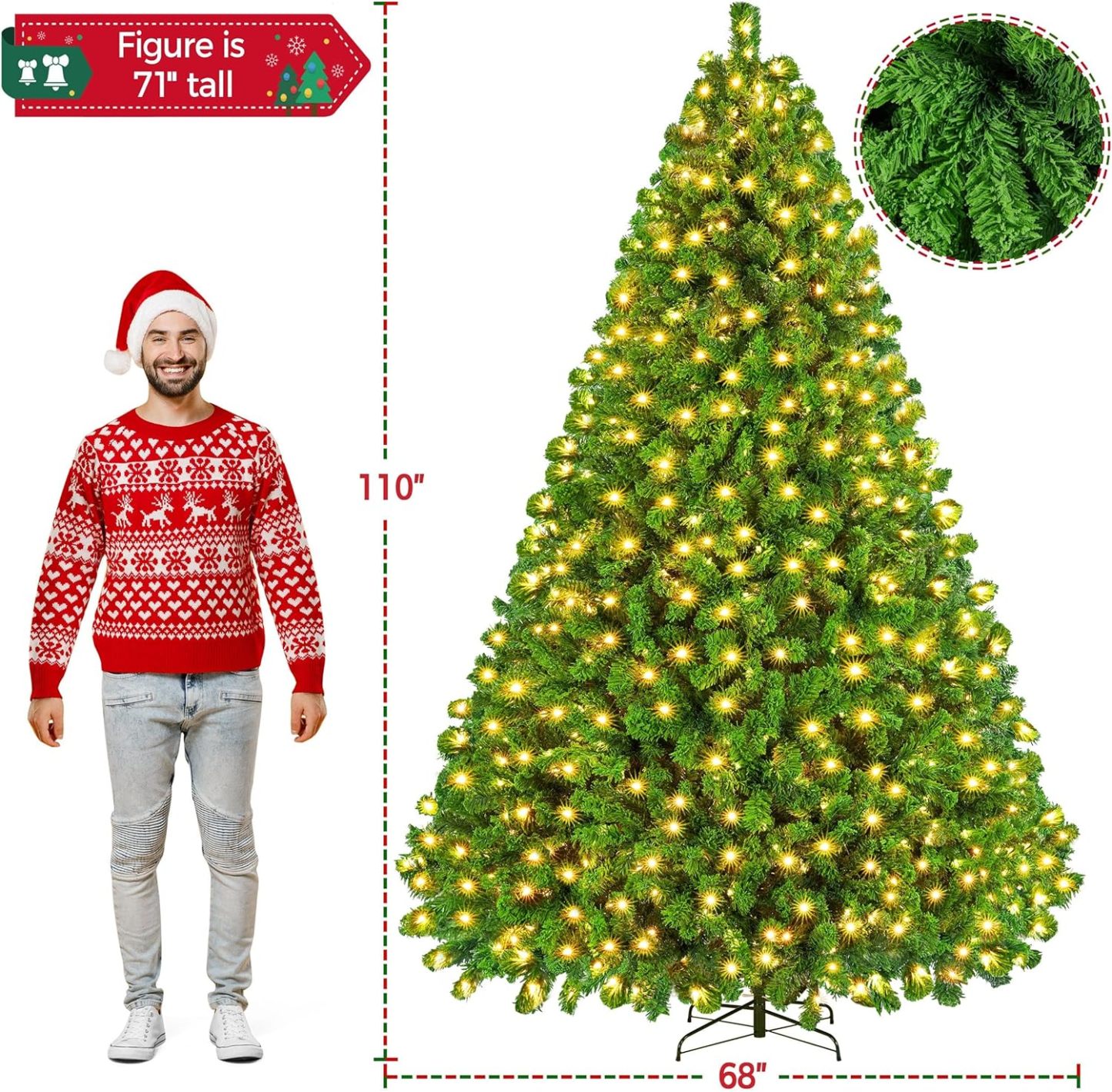 Yaheetech 7.5ft Pre-lit Artificial Christmas Tree W/Incandescent Warm White Lights, Snow Flocked Full Prelighted Xmas Tree W/1284 Branch Tips, 550 Incandescent Lights & Foldable Stand, Green & White