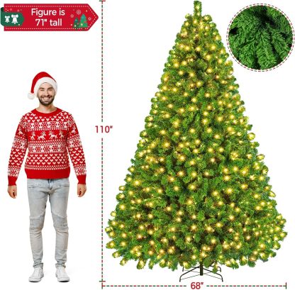 Yaheetech 7.5ft Pre-lit Artificial Christmas Tree W/Incandescent Warm White Lights, Snow Flocked Full Prelighted Xmas Tree W/1284 Branch Tips, 550 Incandescent Lights & Foldable Stand, Green & White