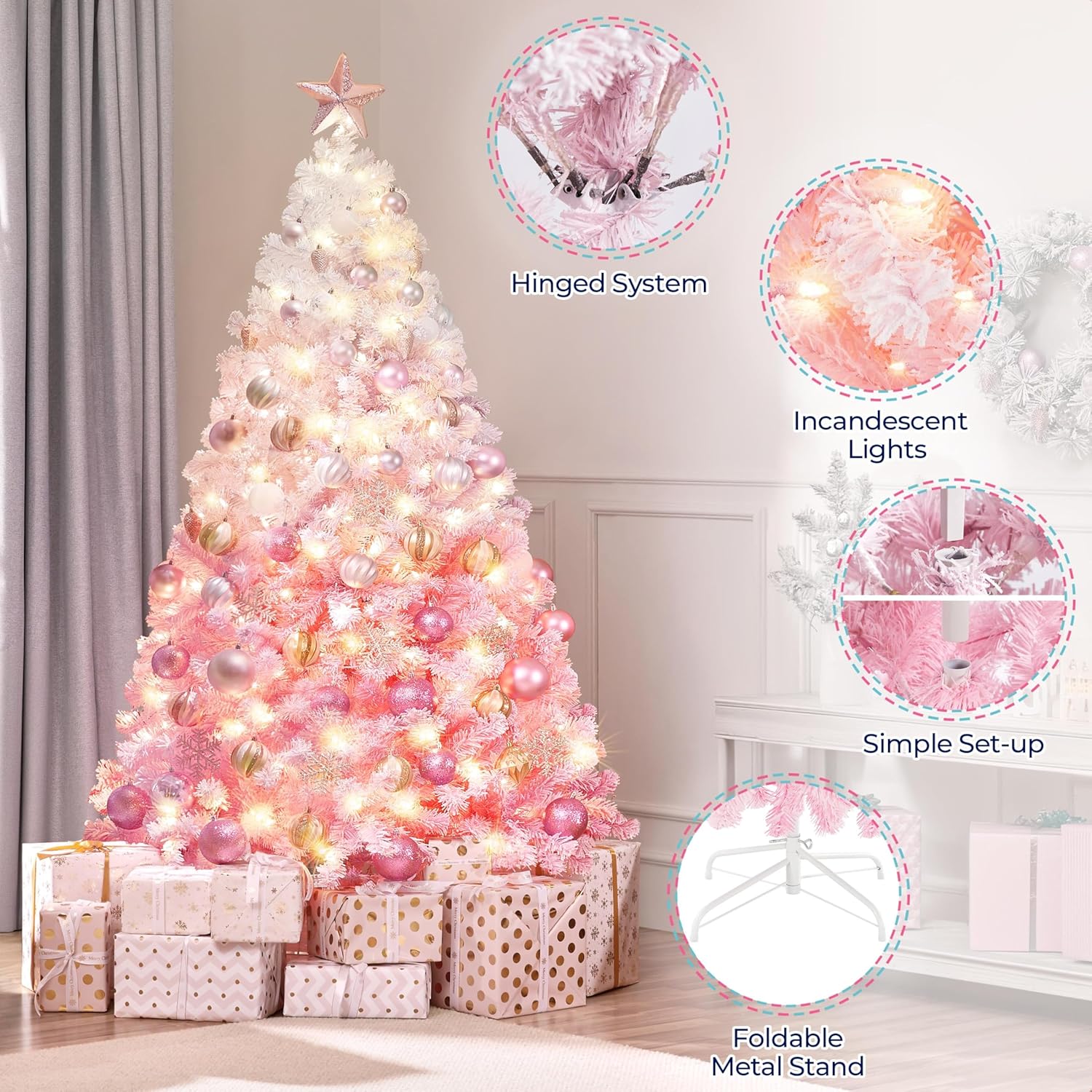 Yaheetech 7.5ft Pre-lit Artificial Christmas Tree W/Incandescent Warm White Lights, Snow Flocked Full Prelighted Xmas Tree W/1284 Branch Tips, 550 Incandescent Lights & Foldable Stand, Green & White