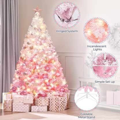 Yaheetech 7.5ft Pre-lit Artificial Christmas Tree W/Incandescent Warm White Lights, Snow Flocked Full Prelighted Xmas Tree W/1284 Branch Tips, 550 Incandescent Lights & Foldable Stand, Green & White