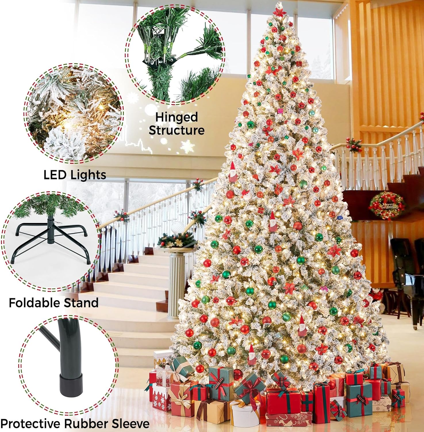 Yaheetech 7.5ft Pre-lit Artificial Christmas Tree W/Incandescent Warm White Lights, Snow Flocked Full Prelighted Xmas Tree W/1284 Branch Tips, 550 Incandescent Lights & Foldable Stand, Green & White
