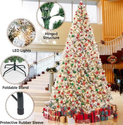 Yaheetech 7.5ft Pre-lit Artificial Christmas Tree W/Incandescent Warm White Lights, Snow Flocked Full Prelighted Xmas Tree W/1284 Branch Tips, 550 Incandescent Lights & Foldable Stand, Green & White