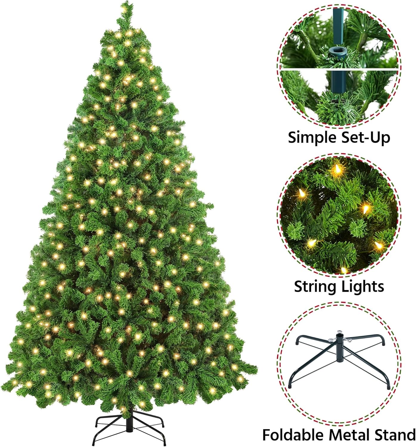 Yaheetech 7.5ft Pre-lit Artificial Christmas Tree W/Incandescent Warm White Lights, Snow Flocked Full Prelighted Xmas Tree W/1284 Branch Tips, 550 Incandescent Lights & Foldable Stand, Green & White