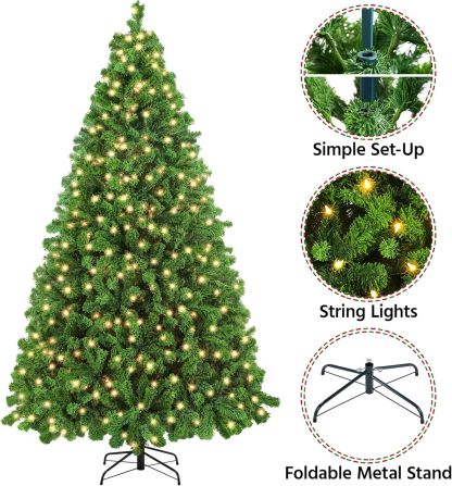 Yaheetech 7.5ft Pre-lit Artificial Christmas Tree W/Incandescent Warm White Lights, Snow Flocked Full Prelighted Xmas Tree W/1284 Branch Tips, 550 Incandescent Lights & Foldable Stand, Green & White
