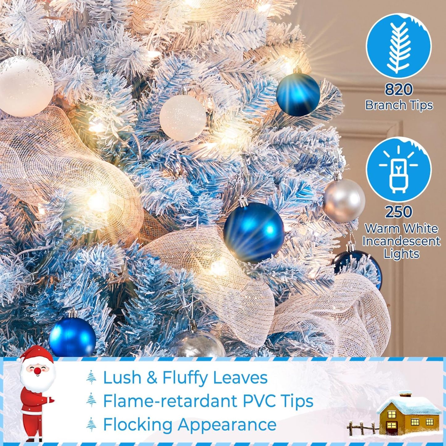 Yaheetech 7.5ft Pre-lit Artificial Christmas Tree W/Incandescent Warm White Lights, Snow Flocked Full Prelighted Xmas Tree W/1284 Branch Tips, 550 Incandescent Lights & Foldable Stand, Green & White