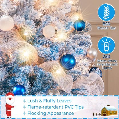 Yaheetech 7.5ft Pre-lit Artificial Christmas Tree W/Incandescent Warm White Lights, Snow Flocked Full Prelighted Xmas Tree W/1284 Branch Tips, 550 Incandescent Lights & Foldable Stand, Green & White