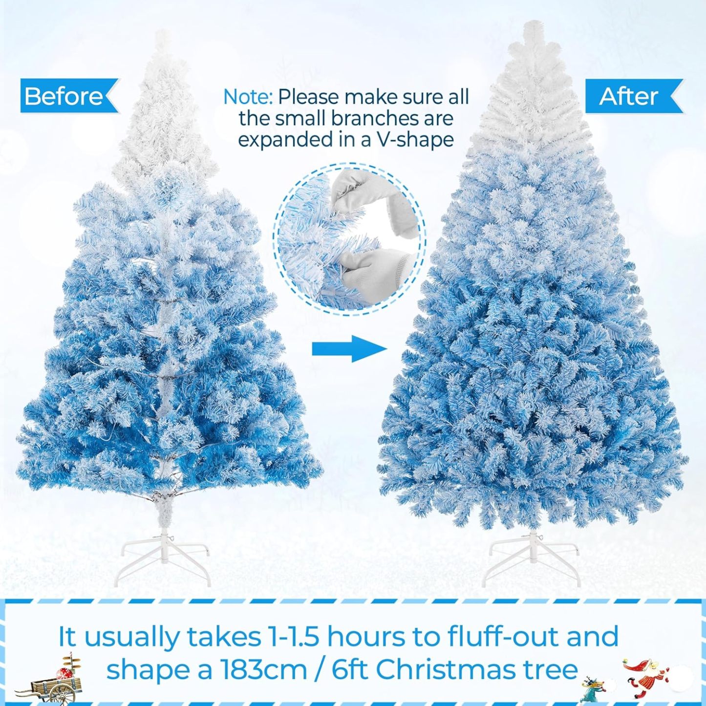 Yaheetech 7.5ft Pre-lit Artificial Christmas Tree W/Incandescent Warm White Lights, Snow Flocked Full Prelighted Xmas Tree W/1284 Branch Tips, 550 Incandescent Lights & Foldable Stand, Green & White