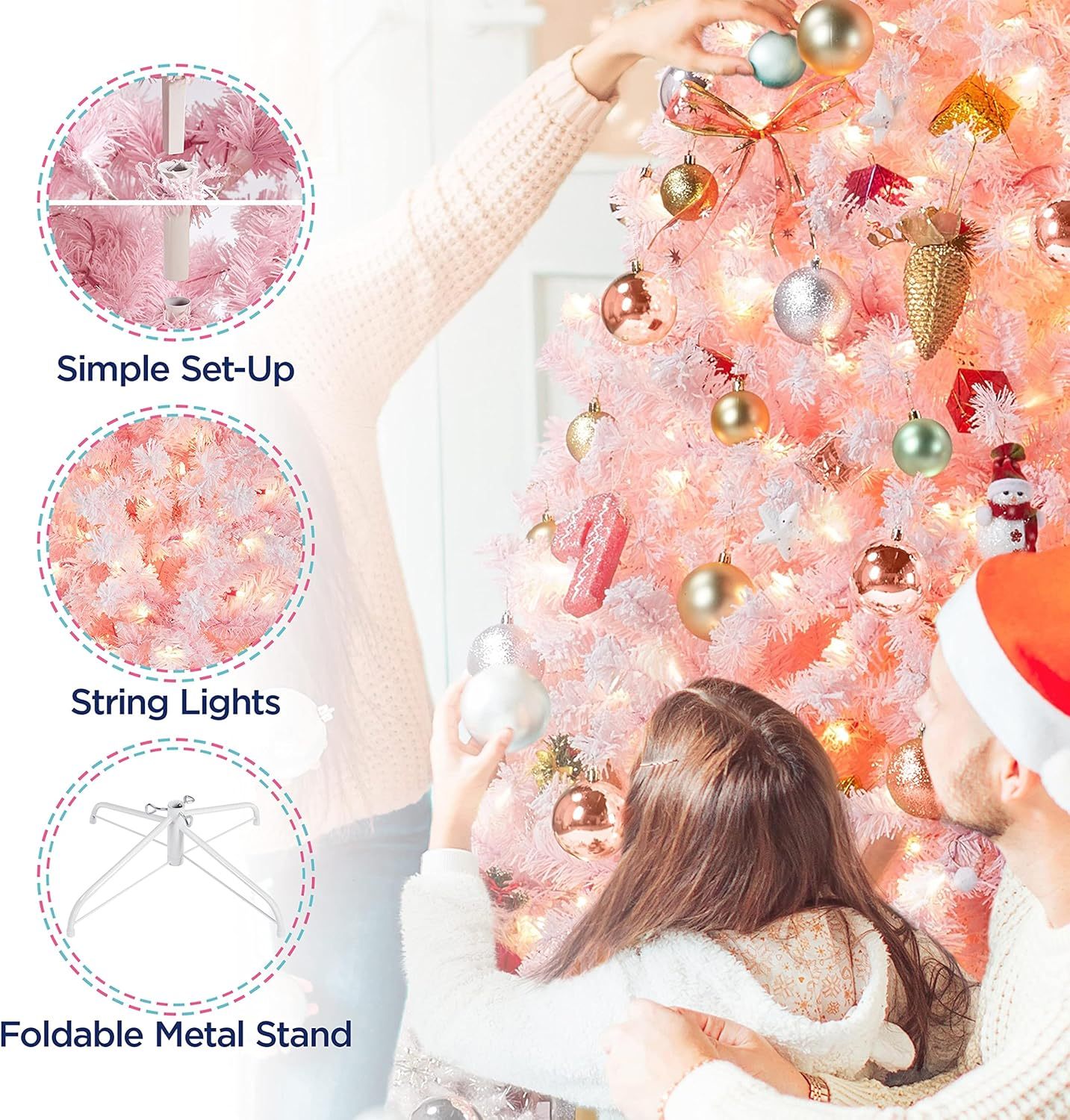 Yaheetech 7.5ft Pre-lit Artificial Christmas Tree W/Incandescent Warm White Lights, Snow Flocked Full Prelighted Xmas Tree W/1284 Branch Tips, 550 Incandescent Lights & Foldable Stand, Green & White