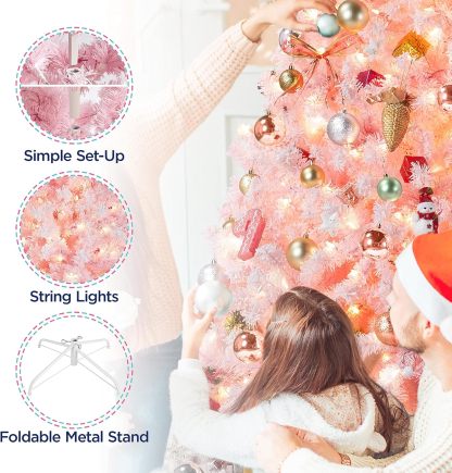 Yaheetech 7.5ft Pre-lit Artificial Christmas Tree W/Incandescent Warm White Lights, Snow Flocked Full Prelighted Xmas Tree W/1284 Branch Tips, 550 Incandescent Lights & Foldable Stand, Green & White