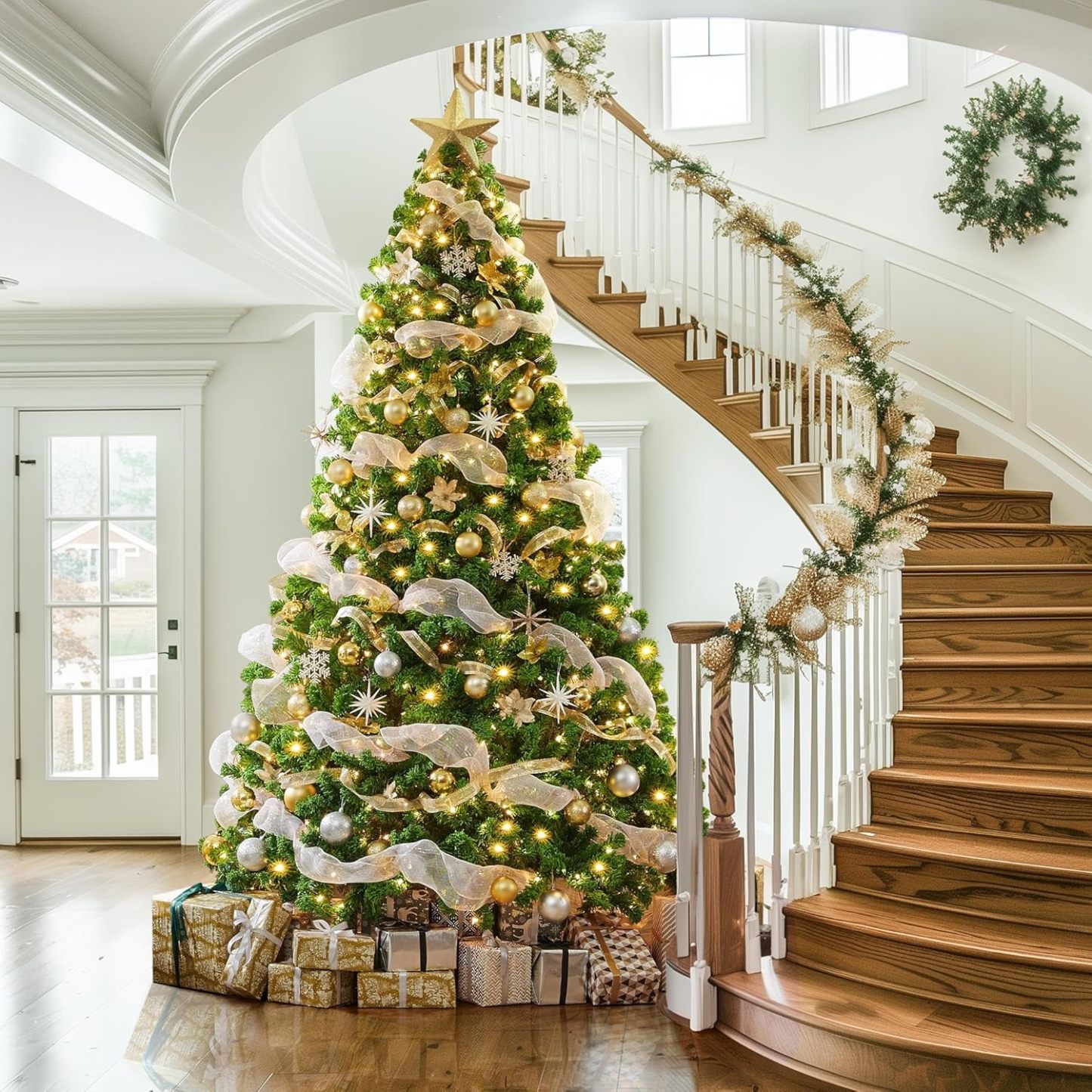 Yaheetech 7.5ft Pre-lit Artificial Christmas Tree W/Incandescent Warm White Lights, Snow Flocked Full Prelighted Xmas Tree W/1284 Branch Tips, 550 Incandescent Lights & Foldable Stand, Green & White