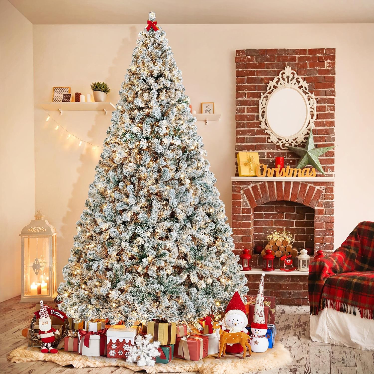 Yaheetech 7.5ft Pre-lit Artificial Christmas Tree W/Incandescent Warm White Lights, Snow Flocked Full Prelighted Xmas Tree W/1284 Branch Tips, 550 Incandescent Lights & Foldable Stand, Green & White