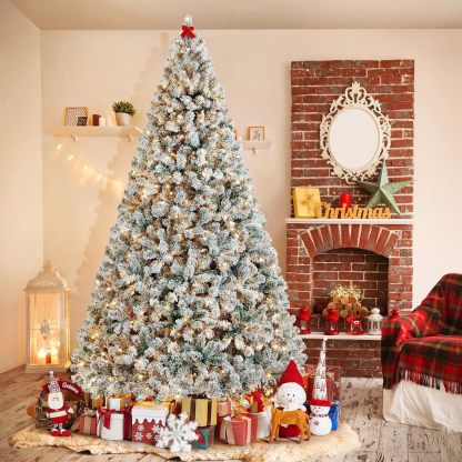 Yaheetech 7.5ft Pre-lit Artificial Christmas Tree W/Incandescent Warm White Lights, Snow Flocked Full Prelighted Xmas Tree W/1284 Branch Tips, 550 Incandescent Lights & Foldable Stand, Green & White