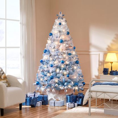 Yaheetech 7.5ft Pre-lit Artificial Christmas Tree W/Incandescent Warm White Lights, Snow Flocked Full Prelighted Xmas Tree W/1284 Branch Tips, 550 Incandescent Lights & Foldable Stand, Green & White