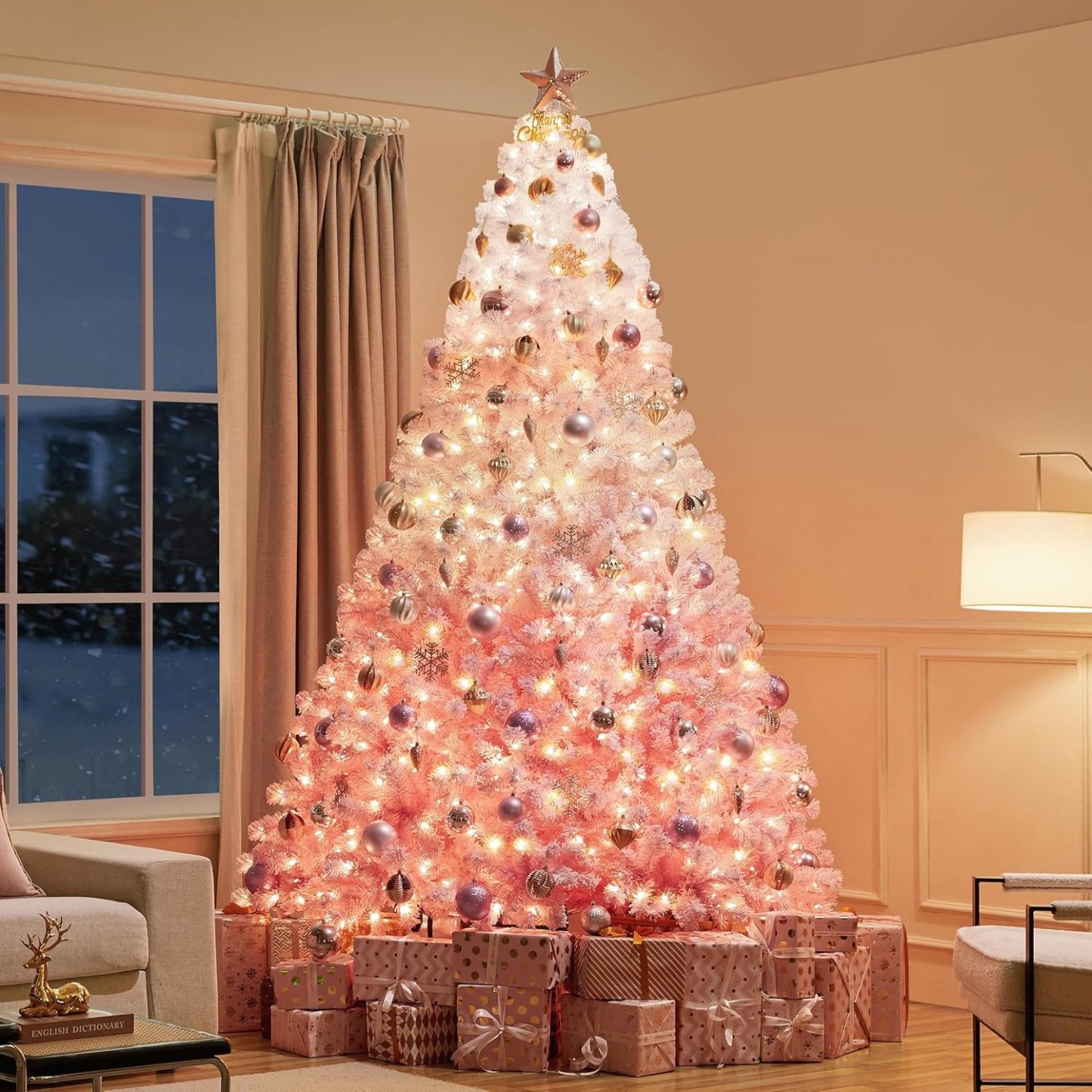 Yaheetech 7.5ft Pre-lit Artificial Christmas Tree W/Incandescent Warm White Lights, Snow Flocked Full Prelighted Xmas Tree W/1284 Branch Tips, 550 Incandescent Lights & Foldable Stand, Green & White