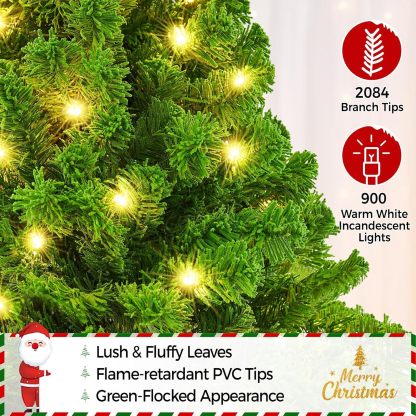 Yaheetech 7.5ft Pre-lit Artificial Christmas Tree W/Incandescent Warm White Lights, Snow Flocked Full Prelighted Xmas Tree W/1284 Branch Tips, 550 Incandescent Lights & Foldable Stand, Green & White