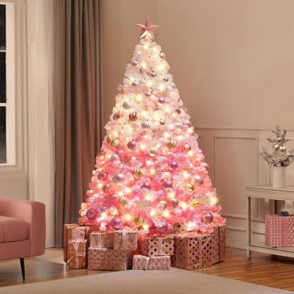 Yaheetech 7.5ft Pre-lit Artificial Christmas Tree W/Incandescent Warm White Lights, Snow Flocked Full Prelighted Xmas Tree W/1284 Branch Tips, 550 Incandescent Lights & Foldable Stand, Green & White
