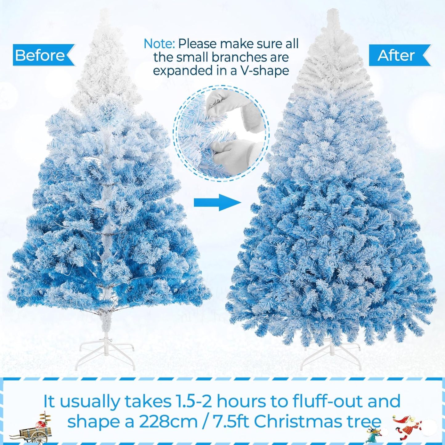 Yaheetech 7.5ft Pre-lit Artificial Christmas Tree W/Incandescent Warm White Lights, Snow Flocked Full Prelighted Xmas Tree W/1284 Branch Tips, 550 Incandescent Lights & Foldable Stand, Green & White