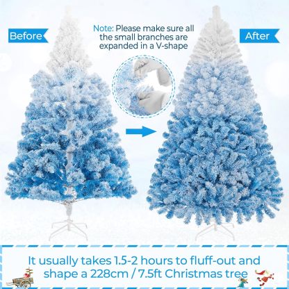 Yaheetech 7.5ft Pre-lit Artificial Christmas Tree W/Incandescent Warm White Lights, Snow Flocked Full Prelighted Xmas Tree W/1284 Branch Tips, 550 Incandescent Lights & Foldable Stand, Green & White