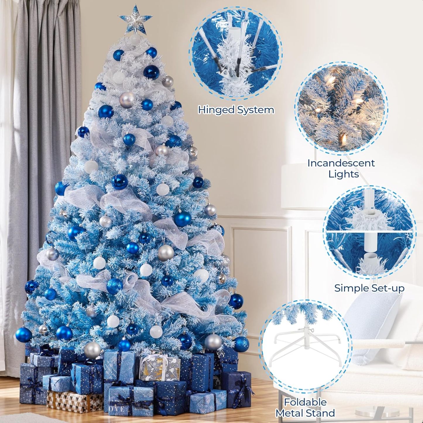 Yaheetech 7.5ft Pre-lit Artificial Christmas Tree W/Incandescent Warm White Lights, Snow Flocked Full Prelighted Xmas Tree W/1284 Branch Tips, 550 Incandescent Lights & Foldable Stand, Green & White