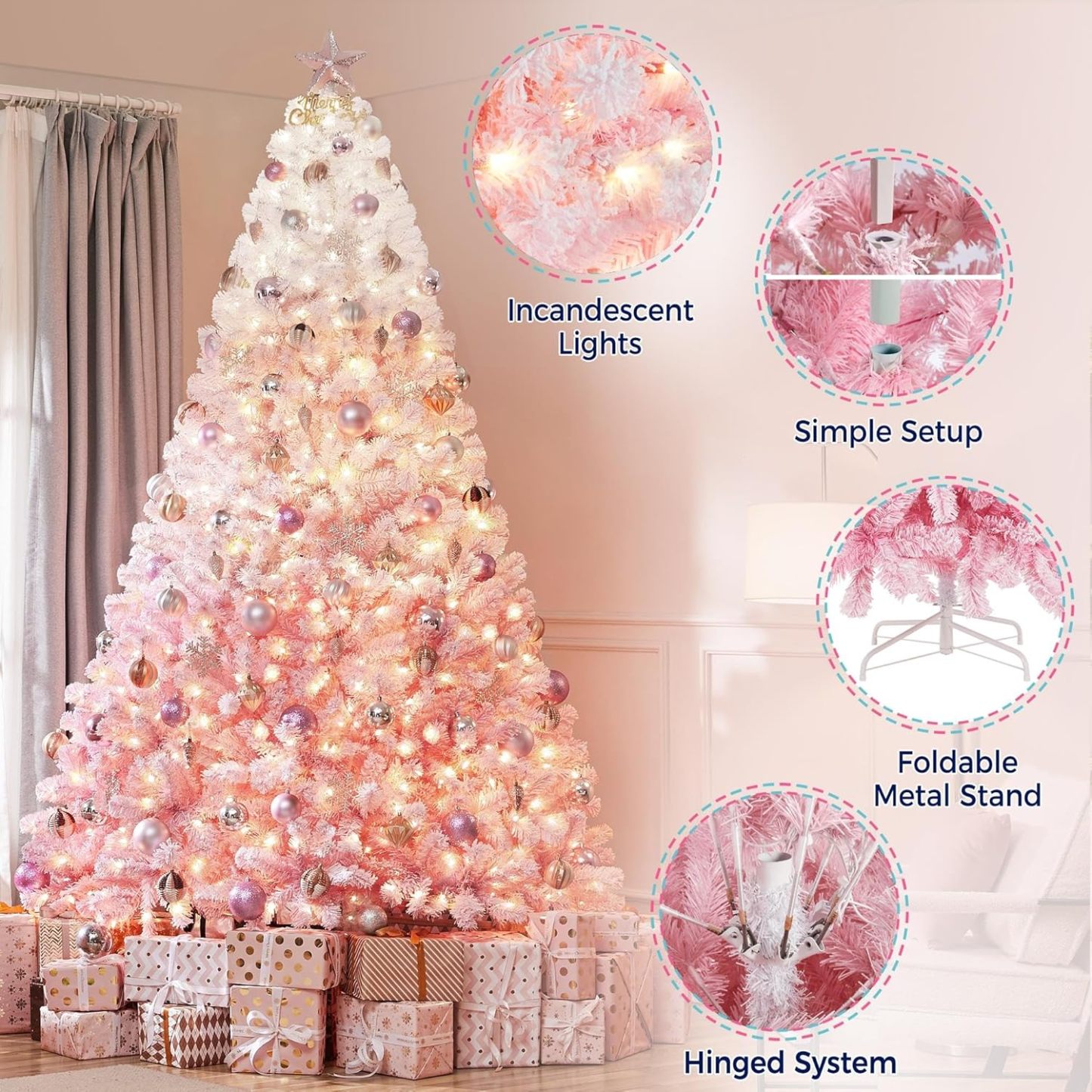 Yaheetech 7.5ft Pre-lit Artificial Christmas Tree W/Incandescent Warm White Lights, Snow Flocked Full Prelighted Xmas Tree W/1284 Branch Tips, 550 Incandescent Lights & Foldable Stand, Green & White