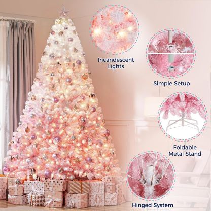 Yaheetech 7.5ft Pre-lit Artificial Christmas Tree W/Incandescent Warm White Lights, Snow Flocked Full Prelighted Xmas Tree W/1284 Branch Tips, 550 Incandescent Lights & Foldable Stand, Green & White