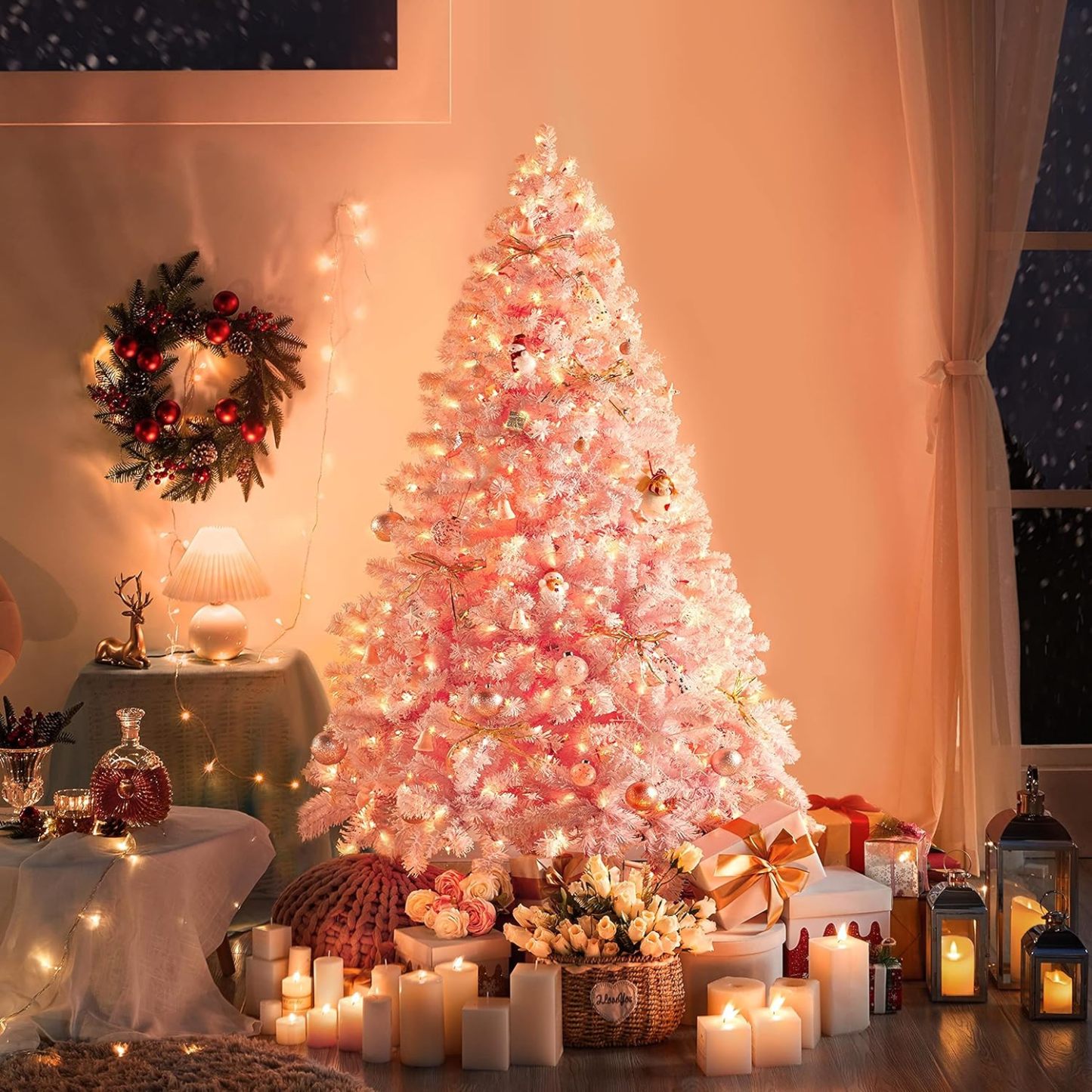 Yaheetech 7.5ft Pre-lit Artificial Christmas Tree W/Incandescent Warm White Lights, Snow Flocked Full Prelighted Xmas Tree W/1284 Branch Tips, 550 Incandescent Lights & Foldable Stand, Green & White