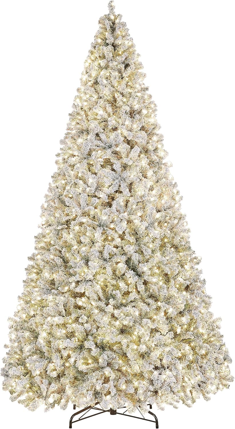 Yaheetech 7.5ft Pre-lit Artificial Christmas Tree W/Incandescent Warm White Lights, Snow Flocked Full Prelighted Xmas Tree W/1284 Branch Tips, 550 Incandescent Lights & Foldable Stand, Green & White
