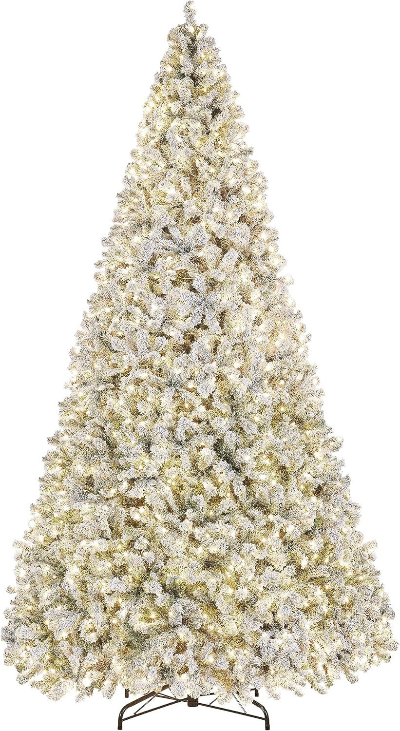 Yaheetech 7.5ft Pre-lit Artificial Christmas Tree W/Incandescent Warm White Lights, Snow Flocked Full Prelighted Xmas Tree W/1284 Branch Tips, 550 Incandescent Lights & Foldable Stand, Green & White