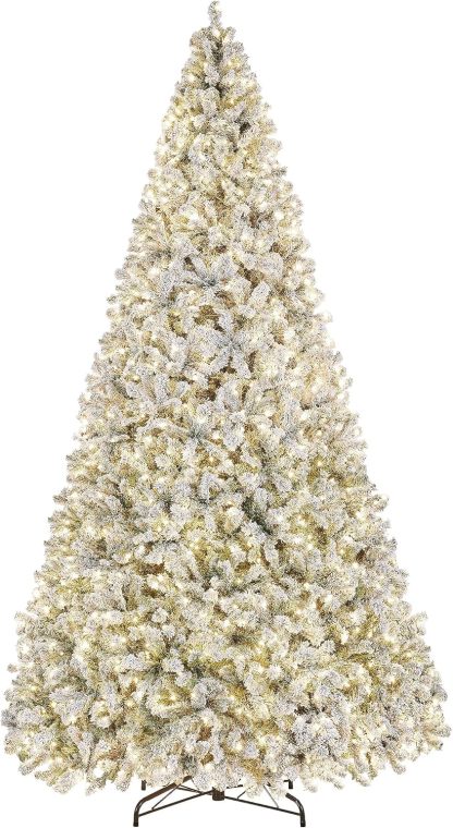 Yaheetech 7.5ft Pre-lit Artificial Christmas Tree W/Incandescent Warm White Lights, Snow Flocked Full Prelighted Xmas Tree W/1284 Branch Tips, 550 Incandescent Lights & Foldable Stand, Green & White
