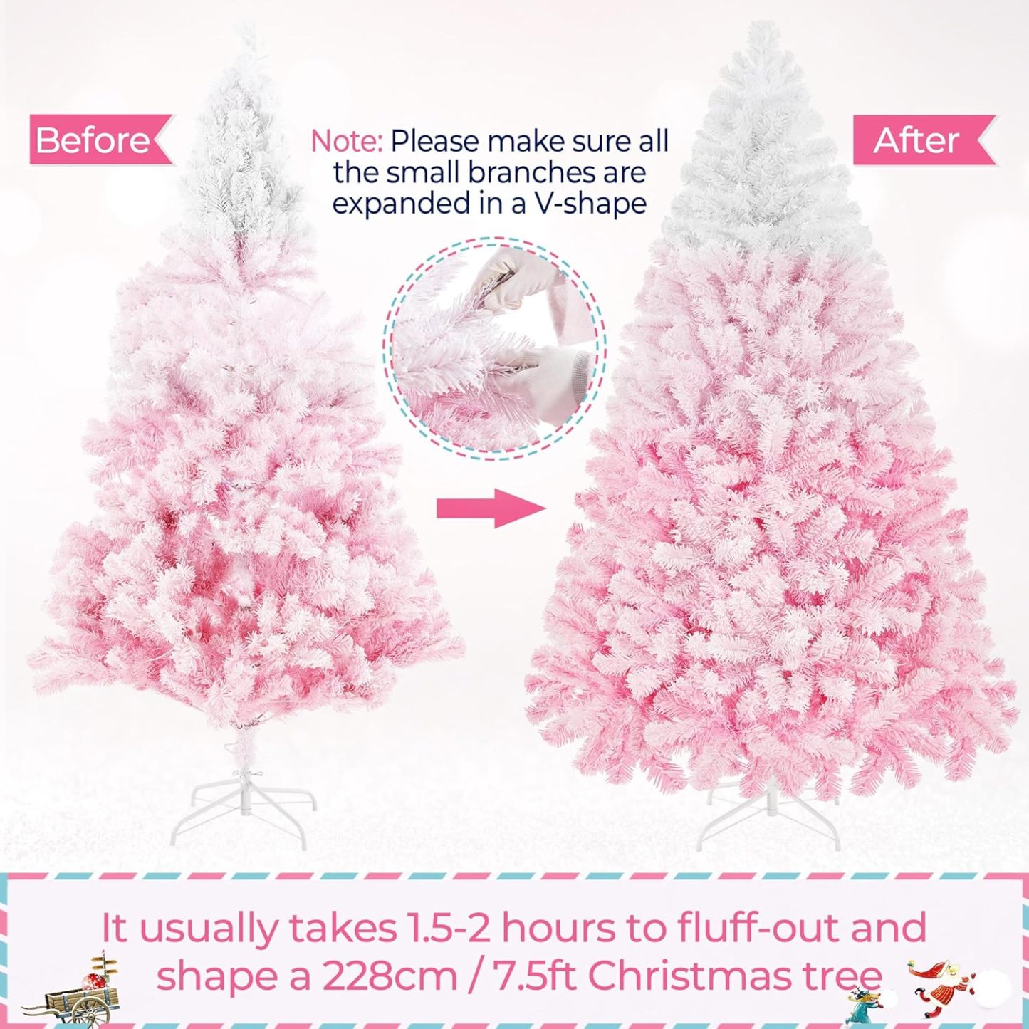 Yaheetech 7.5ft Pre-lit Artificial Christmas Tree W/Incandescent Warm White Lights, Snow Flocked Full Prelighted Xmas Tree W/1284 Branch Tips, 550 Incandescent Lights & Foldable Stand, Green & White