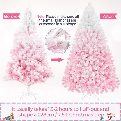 Yaheetech 7.5ft Pre-lit Artificial Christmas Tree W/Incandescent Warm White Lights, Snow Flocked Full Prelighted Xmas Tree W/1284 Branch Tips, 550 Incandescent Lights & Foldable Stand, Green & White
