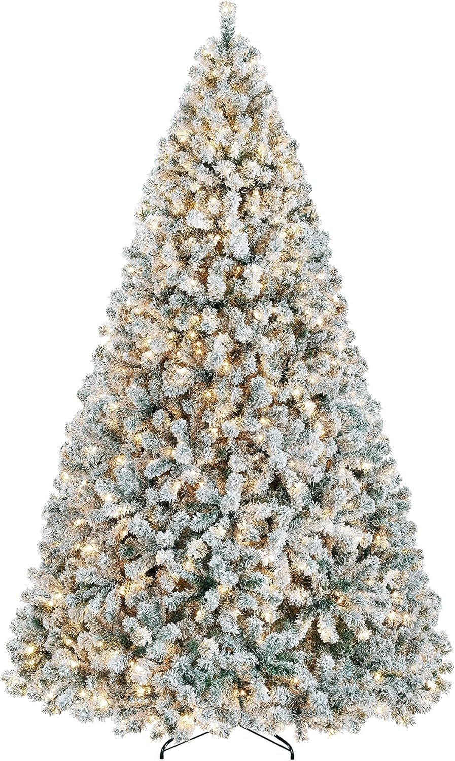 Yaheetech 7.5ft Pre-lit Artificial Christmas Tree W/Incandescent Warm White Lights, Snow Flocked Full Prelighted Xmas Tree W/1284 Branch Tips, 550 Incandescent Lights & Foldable Stand, Green & White