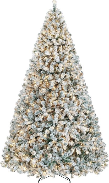 Yaheetech 7.5ft Pre-lit Artificial Christmas Tree W/Incandescent Warm White Lights, Snow Flocked Full Prelighted Xmas Tree W/1284 Branch Tips, 550 Incandescent Lights & Foldable Stand, Green & White