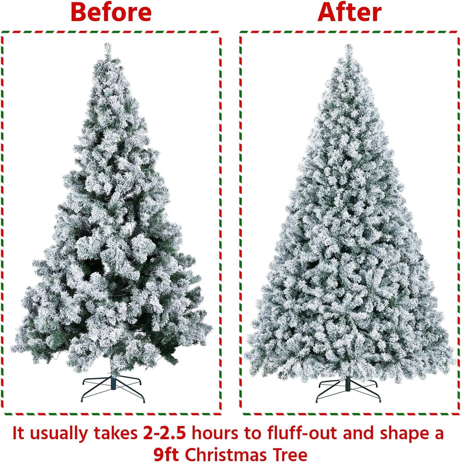 Yaheetech 7.5ft Pre-lit Artificial Christmas Tree W/Incandescent Warm White Lights, Snow Flocked Full Prelighted Xmas Tree W/1284 Branch Tips, 550 Incandescent Lights & Foldable Stand, Green & White