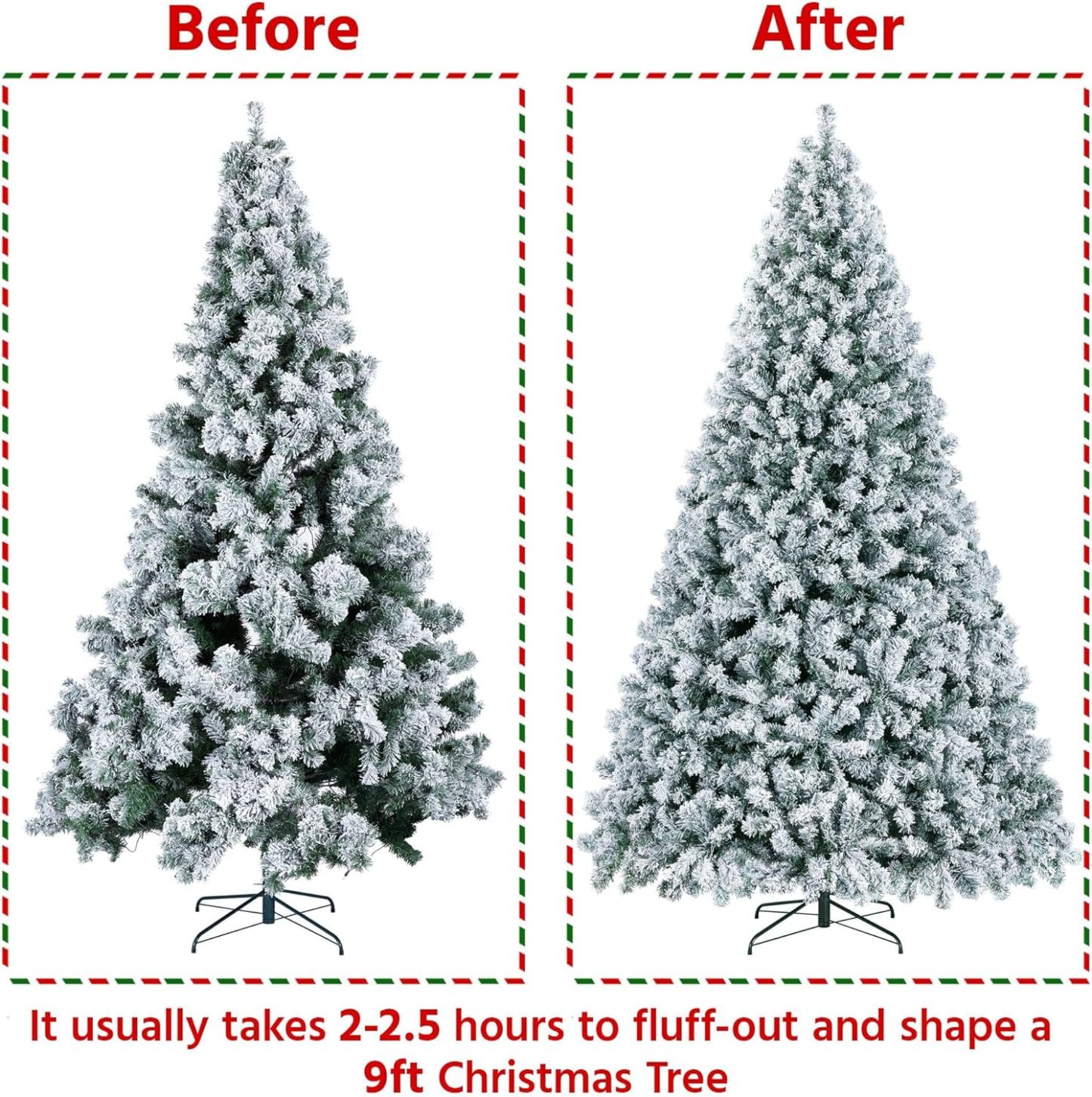 Yaheetech 7.5ft Pre-lit Artificial Christmas Tree W/Incandescent Warm White Lights, Snow Flocked Full Prelighted Xmas Tree W/1284 Branch Tips, 550 Incandescent Lights & Foldable Stand, Green & White