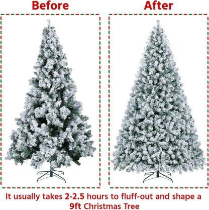 Yaheetech 7.5ft Pre-lit Artificial Christmas Tree W/Incandescent Warm White Lights, Snow Flocked Full Prelighted Xmas Tree W/1284 Branch Tips, 550 Incandescent Lights & Foldable Stand, Green & White