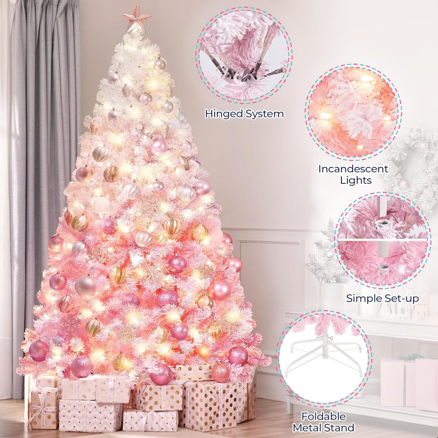 Yaheetech 7.5ft Pre-lit Artificial Christmas Tree W/Incandescent Warm White Lights, Snow Flocked Full Prelighted Xmas Tree W/1284 Branch Tips, 550 Incandescent Lights & Foldable Stand, Green & White