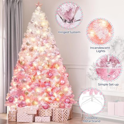 Yaheetech 7.5ft Pre-lit Artificial Christmas Tree W/Incandescent Warm White Lights, Snow Flocked Full Prelighted Xmas Tree W/1284 Branch Tips, 550 Incandescent Lights & Foldable Stand, Green & White