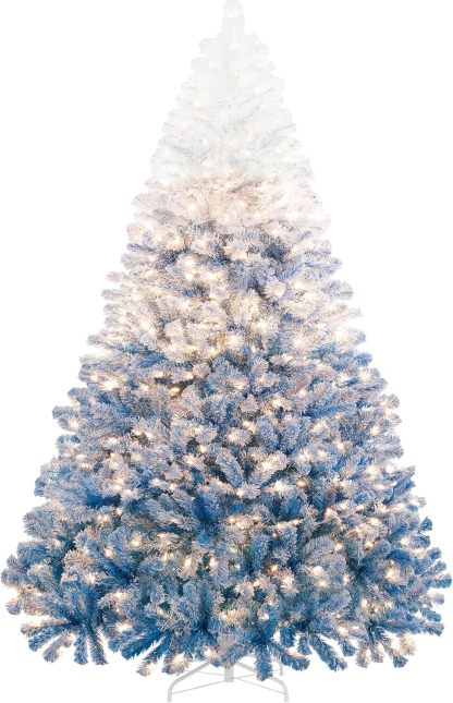Yaheetech 7.5ft Pre-lit Artificial Christmas Tree W/Incandescent Warm White Lights, Snow Flocked Full Prelighted Xmas Tree W/1284 Branch Tips, 550 Incandescent Lights & Foldable Stand, Green & White