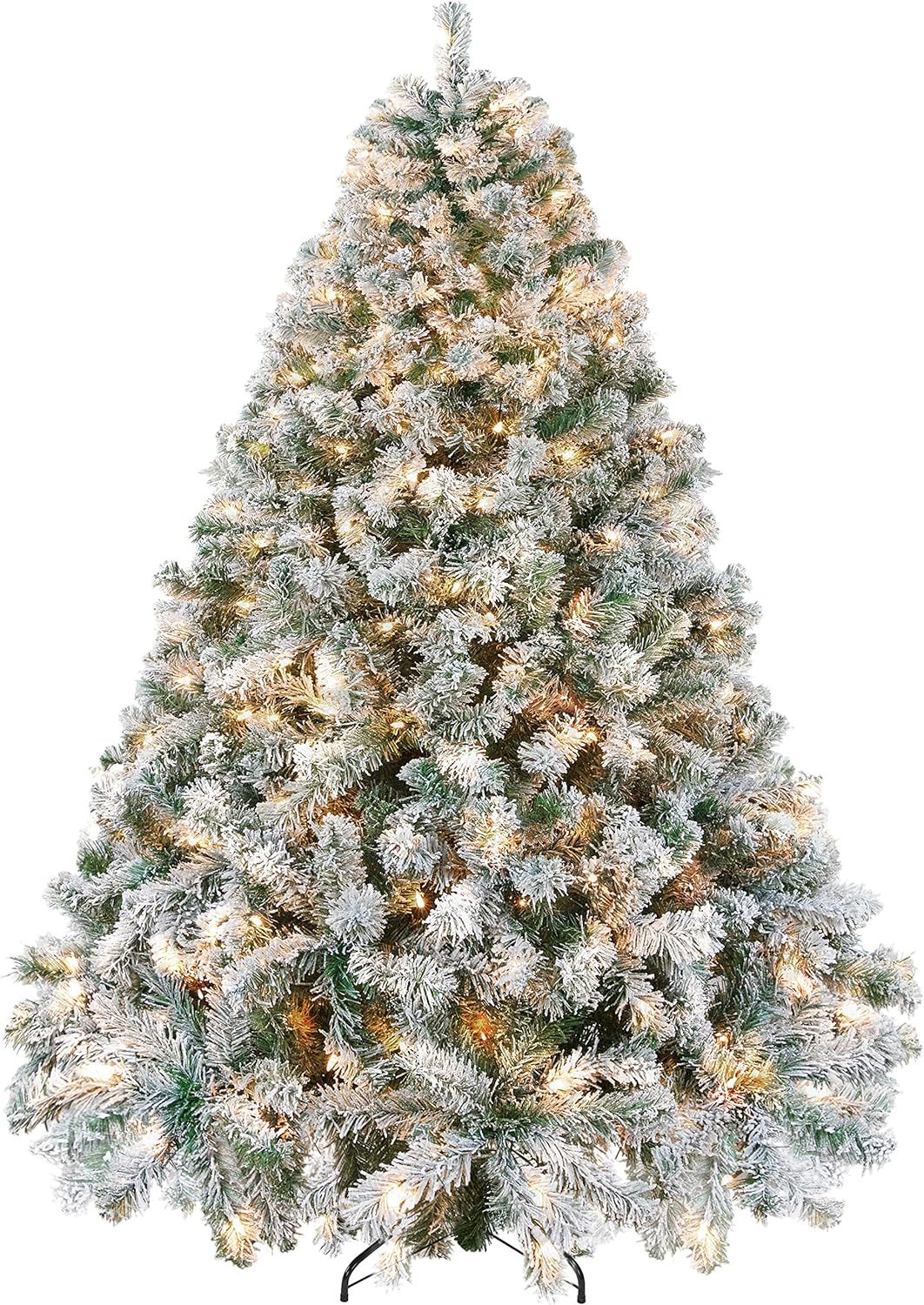 Yaheetech 7.5ft Pre-lit Artificial Christmas Tree W/Incandescent Warm White Lights, Snow Flocked Full Prelighted Xmas Tree W/1284 Branch Tips, 550 Incandescent Lights & Foldable Stand, Green & White