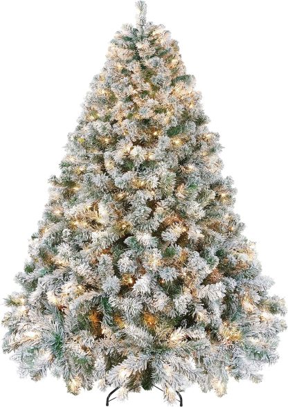 Yaheetech 7.5ft Pre-lit Artificial Christmas Tree W/Incandescent Warm White Lights, Snow Flocked Full Prelighted Xmas Tree W/1284 Branch Tips, 550 Incandescent Lights & Foldable Stand, Green & White