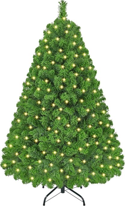 Yaheetech 7.5ft Pre-lit Artificial Christmas Tree W/Incandescent Warm White Lights, Snow Flocked Full Prelighted Xmas Tree W/1284 Branch Tips, 550 Incandescent Lights & Foldable Stand, Green & White